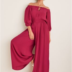 Off-The-Shoulder Jumpsuit - Persian Red - Image 5