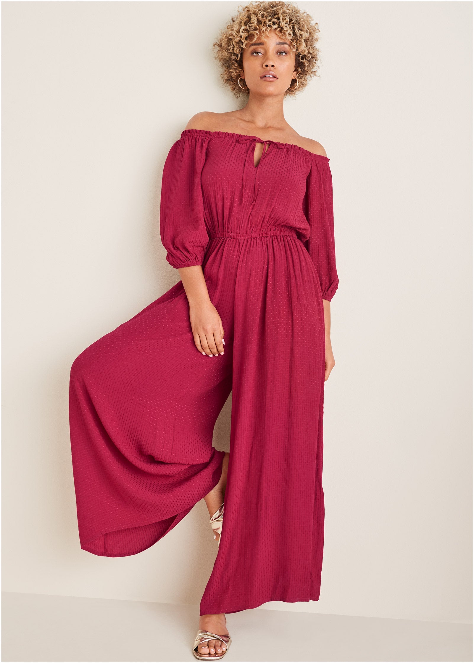 Off-The-Shoulder Jumpsuit - Persian Red - Image 5