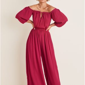Off-The-Shoulder Jumpsuit - Persian Red - Image 1