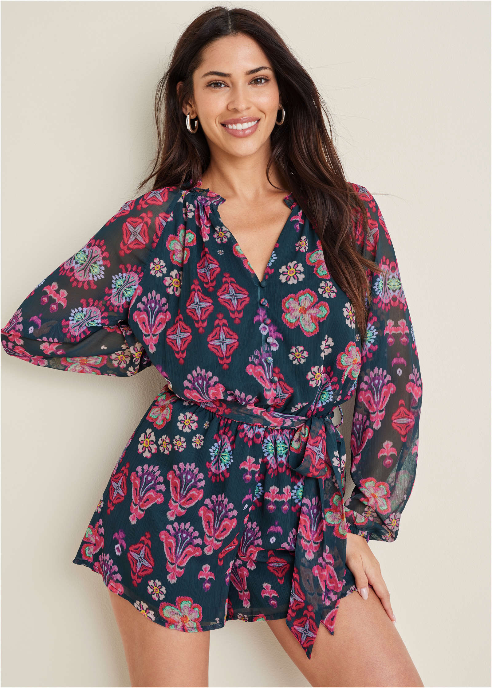 Crinkle Chiffon Romper - Modern Folk Floral - Image 1
