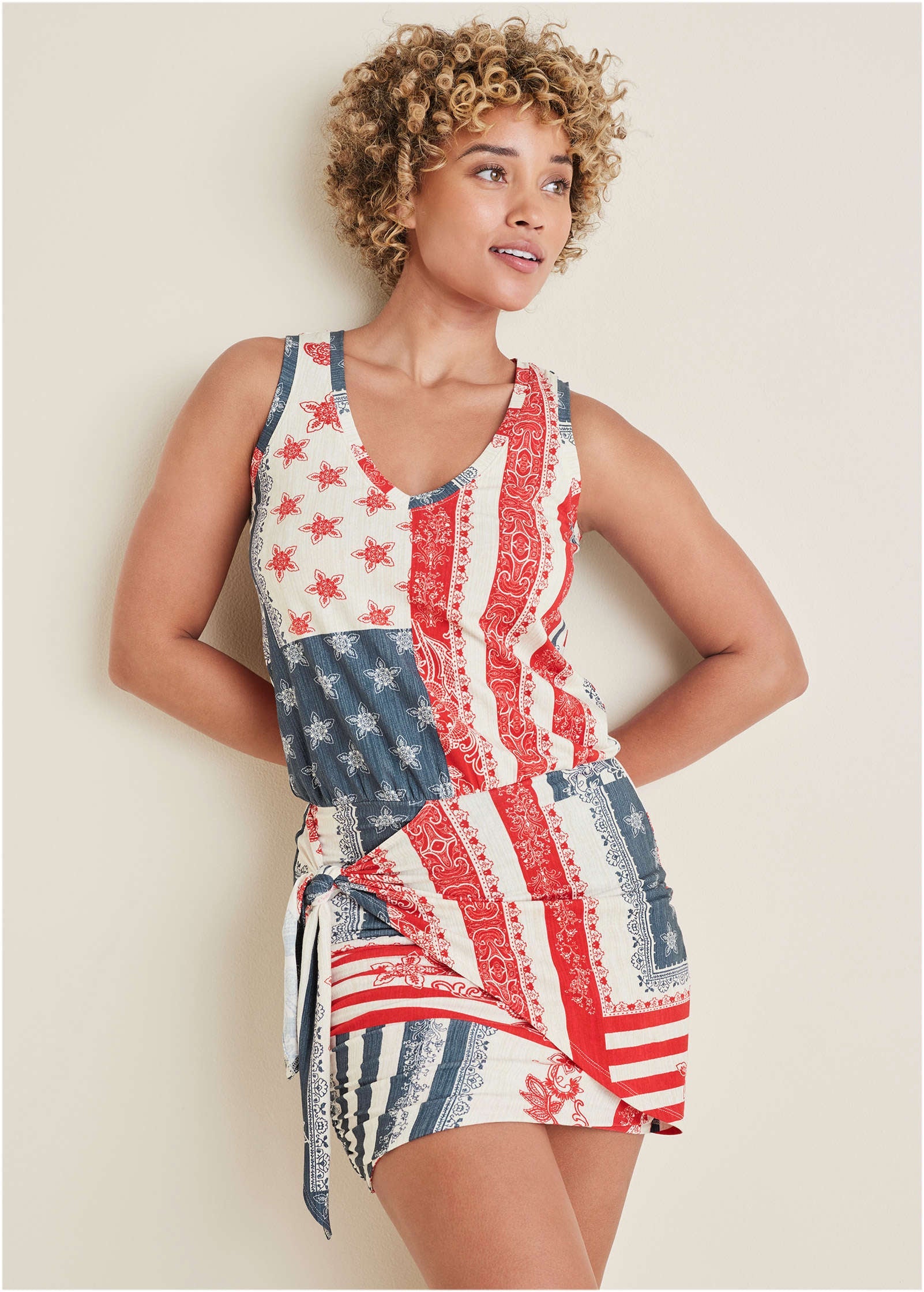 V-Neck Side Wrap Mini Dress - Americana Patchwork Stripe - Image 2