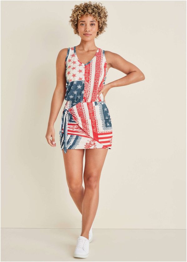 V-Neck Side Wrap Mini Dress - Americana Patchwork Stripe